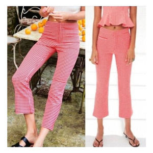 Zara Red White Gingham Mini Cropped Flare Pants Size M